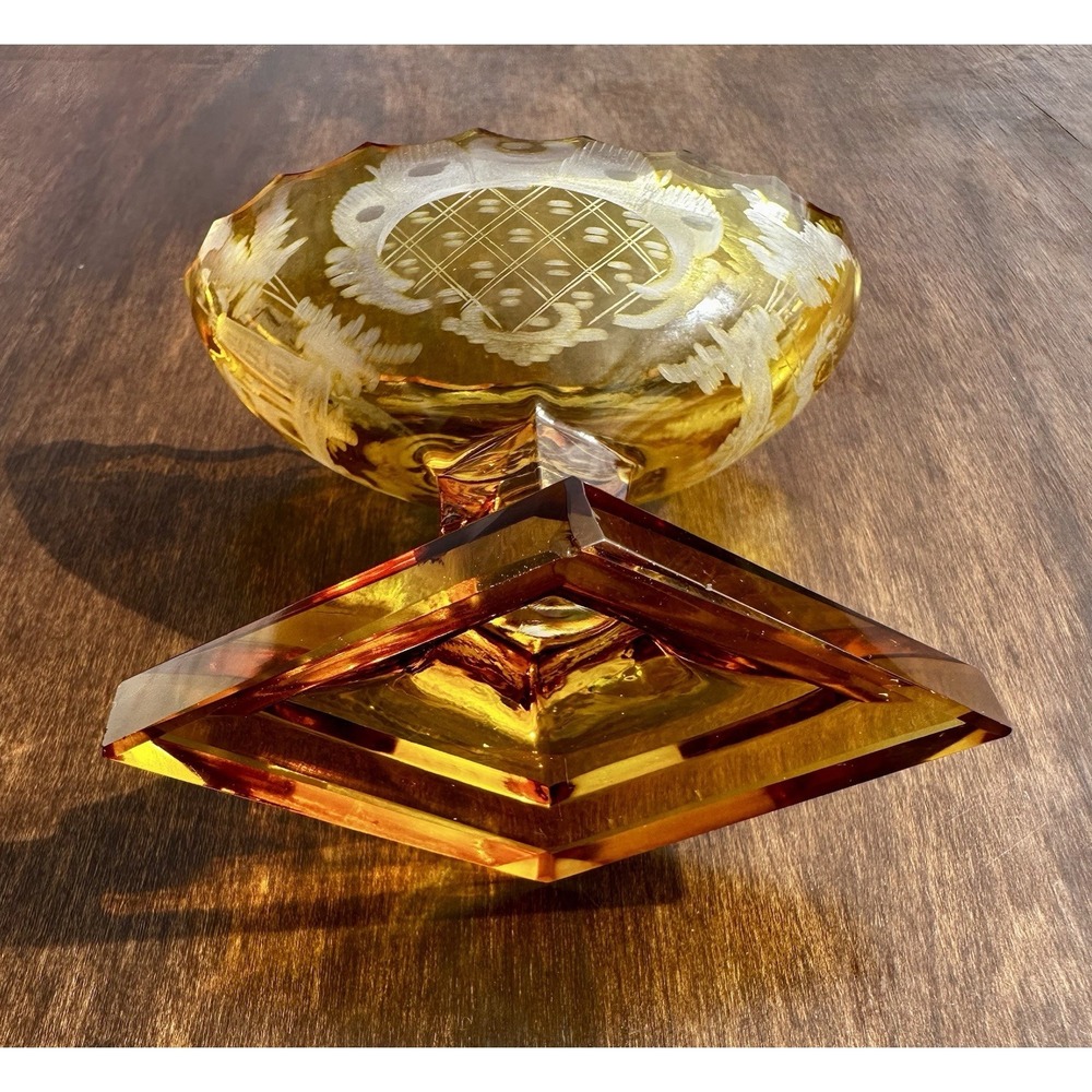 Antique Bohemian Amber Cut Clear Crystal Pedestal Salt Cellar Bowl Etched Art - Picture 5 of 12